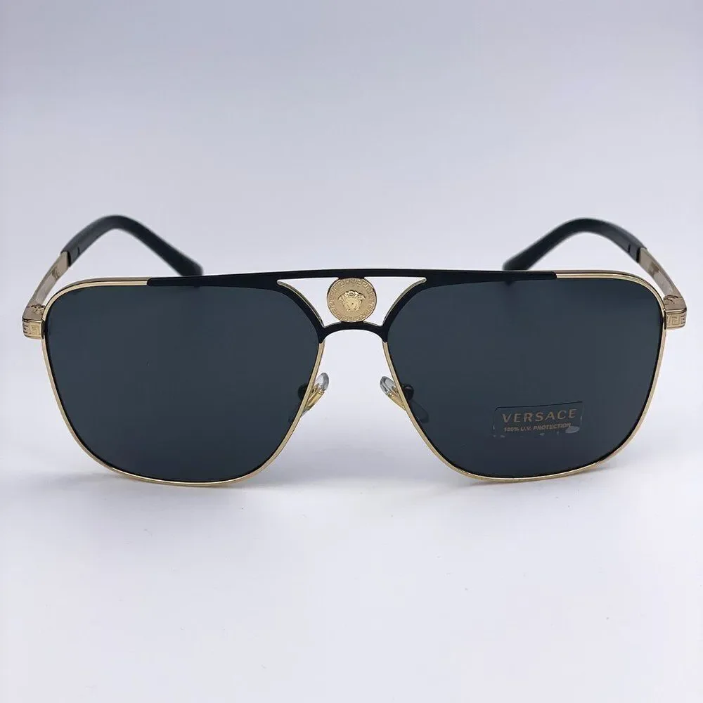 NEW Versace VE2238 143687 Gold Matte Black Gray Rectangle Metal Men Sunglasses